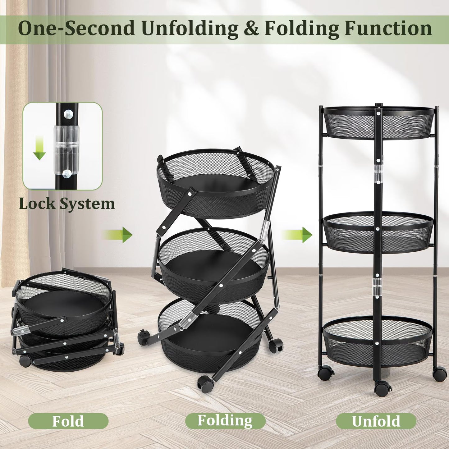 Chariot de Rangement Pliable 3 Niveaux – Gain de Place et Organisation Intelligente