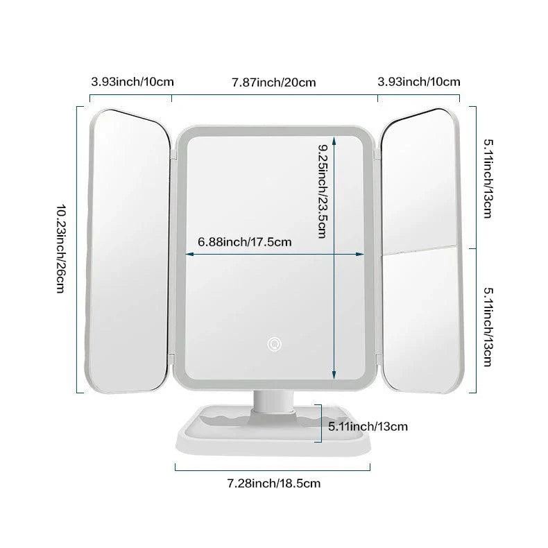 Miroir de maquillage trifold LED – Éclat & précision à chaque plan