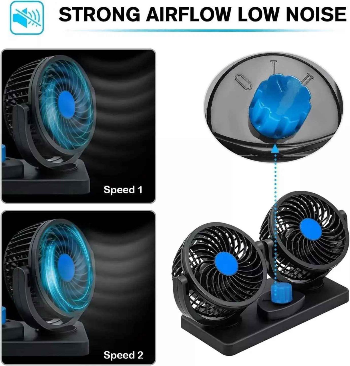 Ventilateur de Voiture Double Tête 360° – Refroidissement Puissant et Silencieux 12V/24V