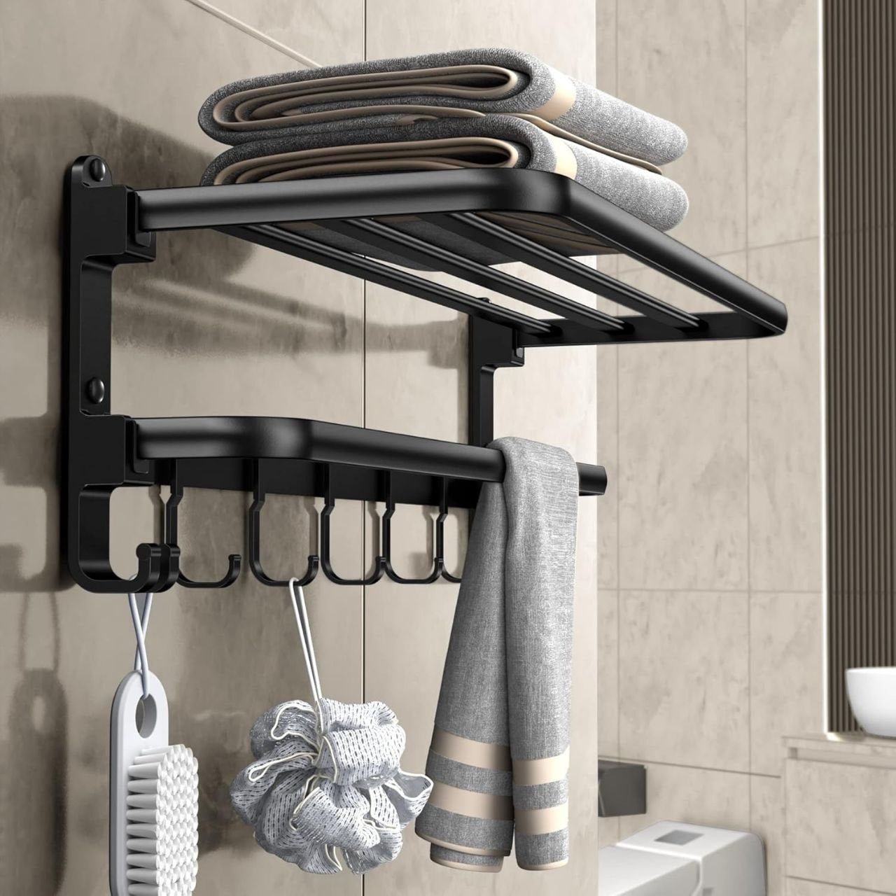 Porte-serviettes mural en aluminium noir mat avec étagère et 7 crochets
