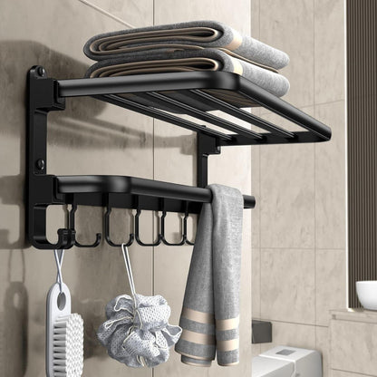 Porte-serviettes mural en aluminium noir mat avec étagère et 7 crochets
