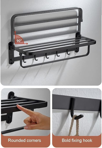 Porte-serviettes mural en aluminium noir mat avec étagère et 7 crochets