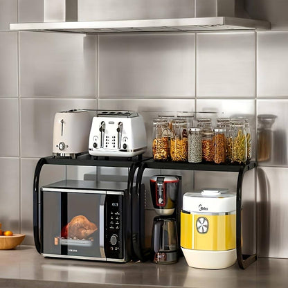 Support 2 niveaux pour four & micro-ondes – étagère de comptoir en métal robuste avec espace en L (noir)