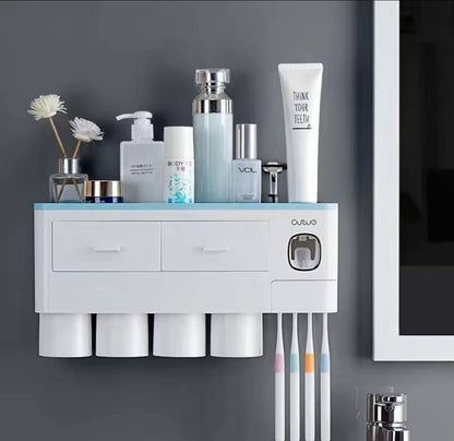 Porte-brosses à dents mural familial avec rangement et distributeur de dentifrice