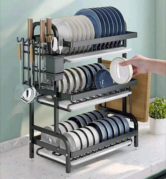Égouttoir à Vaisselle 3 Niveaux Multifonction avec Range-Couteaux et Support Planche à Découper
