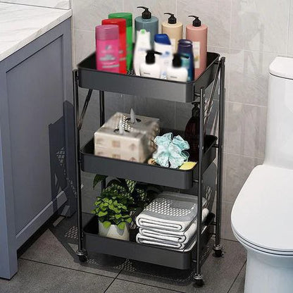 Chariot de Rangement Pliable 3 Niveaux avec Roulettes – Métal Noir Multifonction