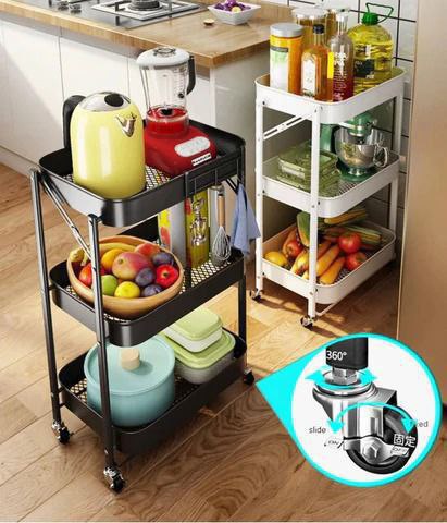 Chariot de Rangement Pliable 3 Niveaux avec Roulettes – Métal Noir Multifonction