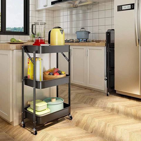 Chariot de Rangement Pliable 3 Niveaux avec Roulettes – Métal Noir Multifonction