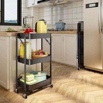 Chariot de Rangement Pliable 3 Niveaux avec Roulettes – Métal Noir Multifonction