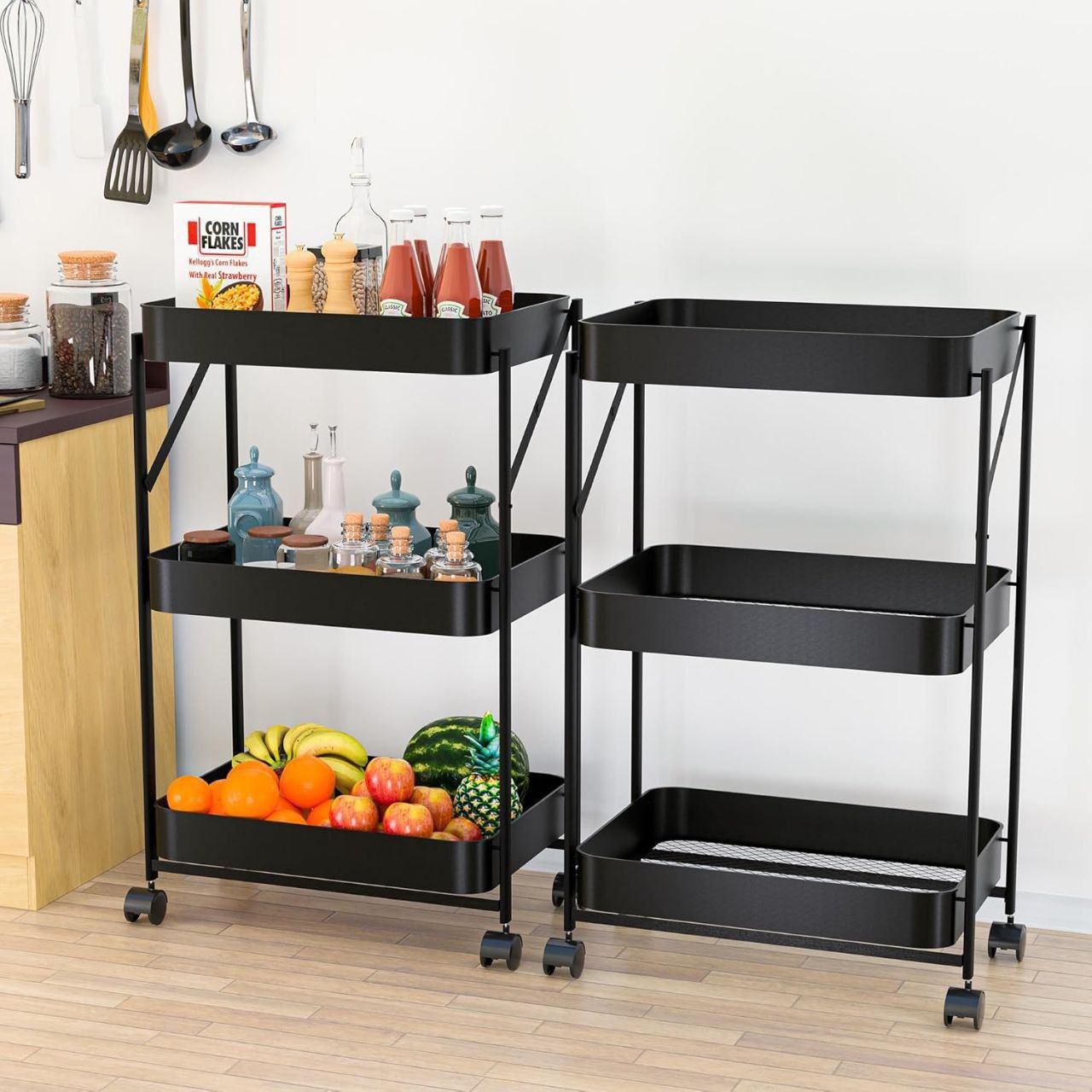 Chariot de Rangement Pliable 3 Niveaux avec Roulettes – Métal Noir Multifonction