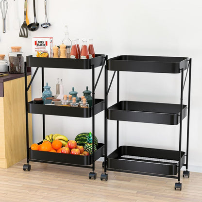 Chariot de Rangement Pliable 3 Niveaux avec Roulettes – Métal Noir Multifonction