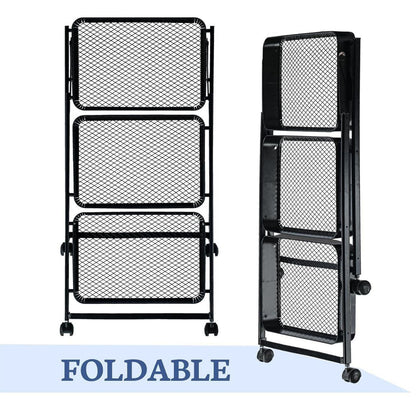 Chariot de Rangement Pliable 3 Niveaux avec Roulettes – Métal Noir Multifonction