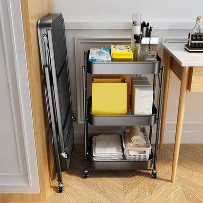 Chariot de Rangement Pliable 3 Niveaux avec Roulettes – Métal Noir Multifonction