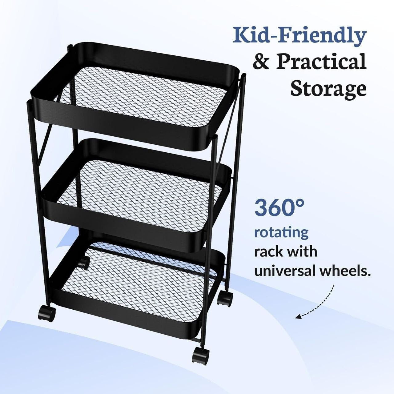 Chariot de Rangement Pliable 3 Niveaux avec Roulettes – Métal Noir Multifonction