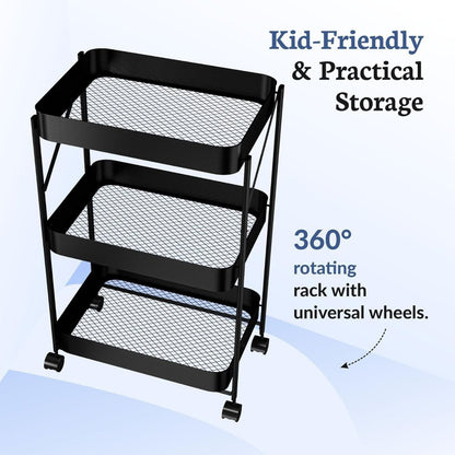 Chariot de Rangement Pliable 3 Niveaux avec Roulettes – Métal Noir Multifonction