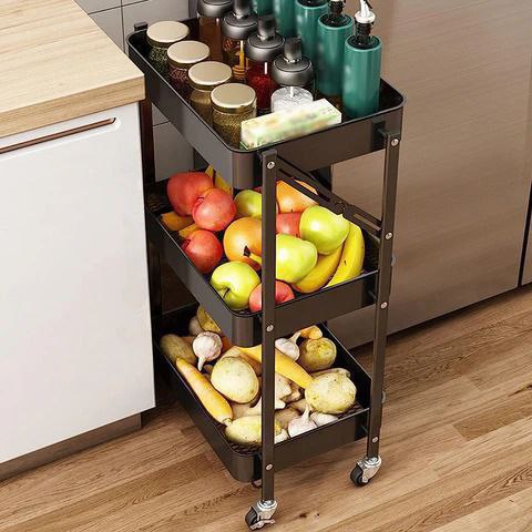 Chariot de Rangement Pliable 3 Niveaux avec Roulettes – Métal Noir Multifonction
