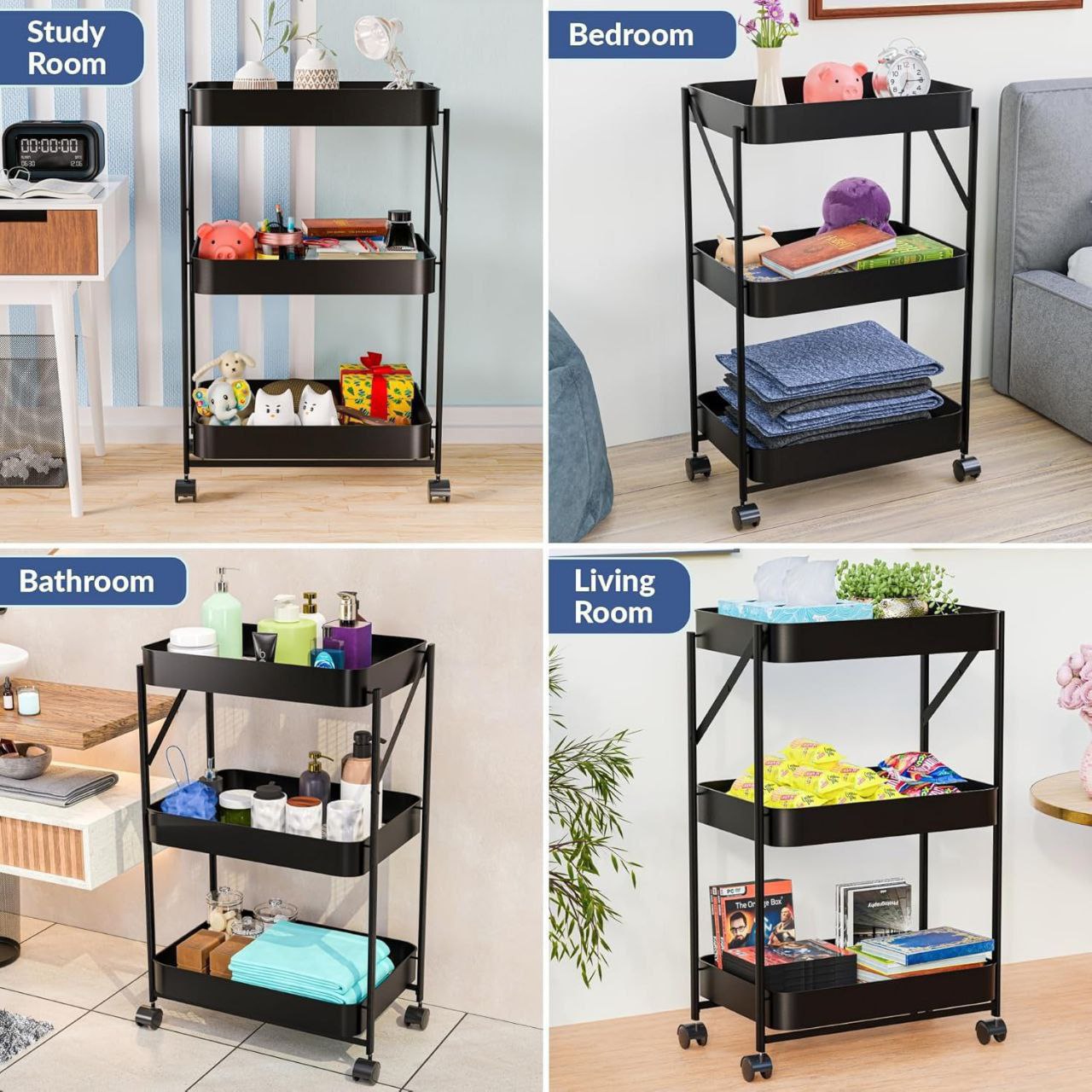 Chariot de Rangement Pliable 3 Niveaux avec Roulettes – Métal Noir Multifonction