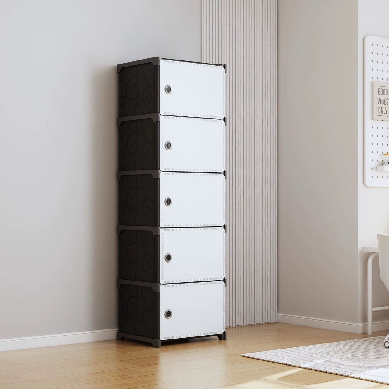 Armoire de rangement 5 tiroirs plastique noir et blanc, modulable et assemblable sans outils.