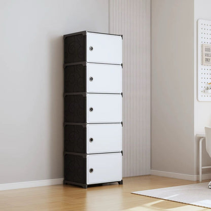 Armoire de rangement 5 tiroirs plastique noir et blanc, modulable et assemblable sans outils.