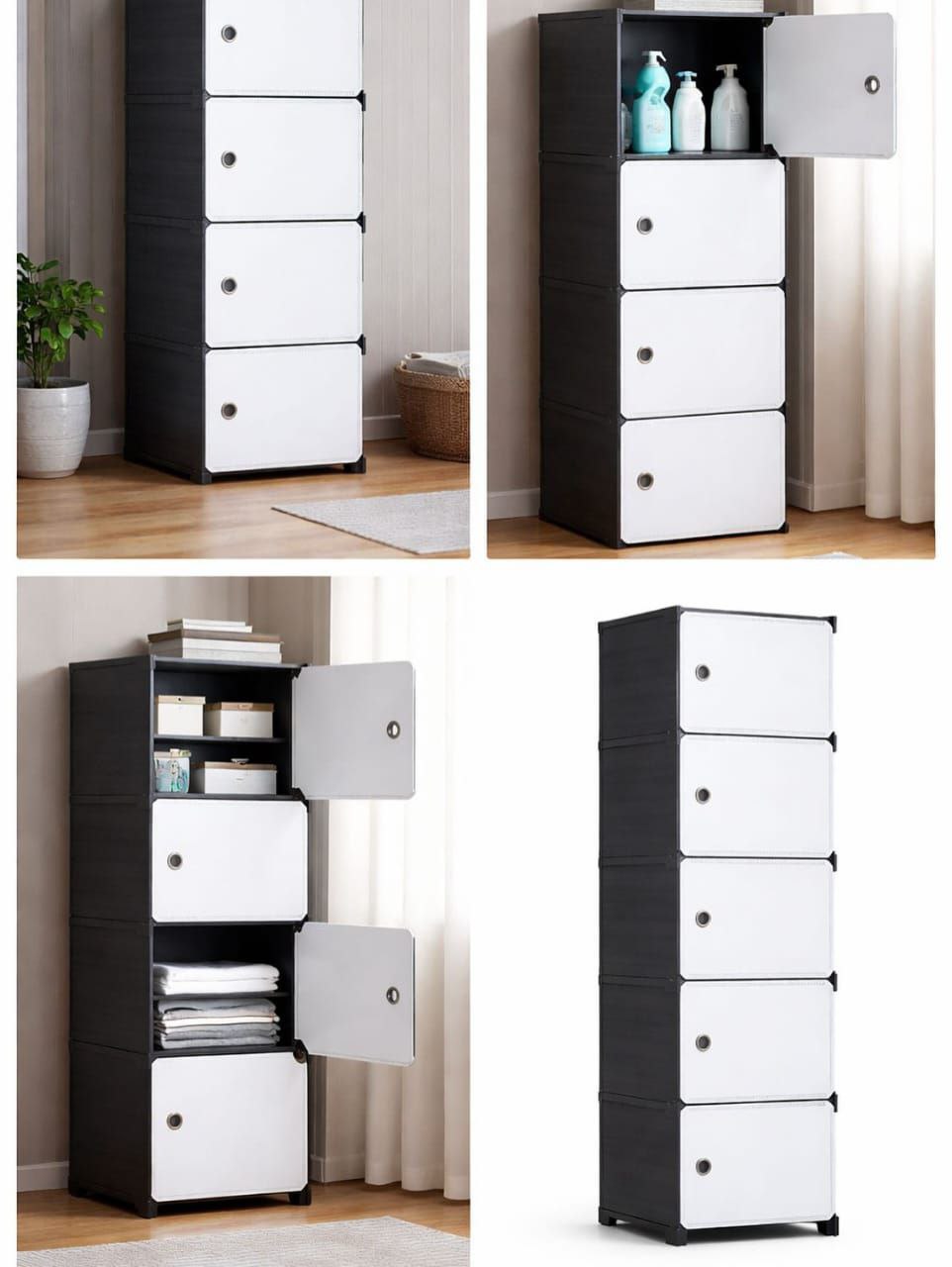 Armoire de rangement 5 tiroirs plastique noir et blanc, modulable et assemblable sans outils.