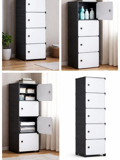 Armoire de rangement 5 tiroirs plastique noir et blanc, modulable et assemblable sans outils.