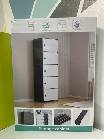 Armoire de rangement 5 tiroirs plastique noir et blanc, modulable et assemblable sans outils.