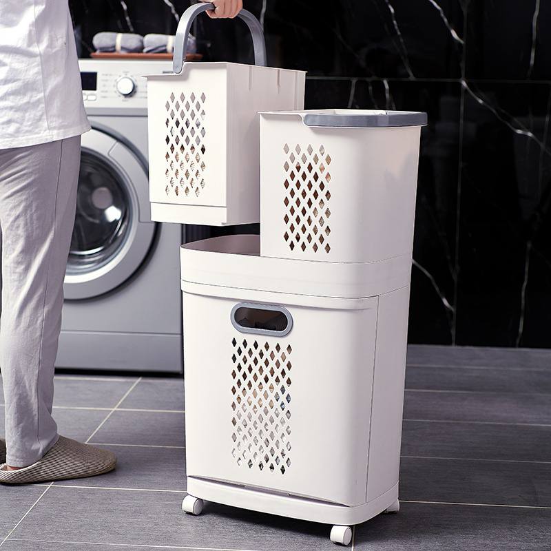 Panier à Linge 3 en 1 à Roulettes – 3 Bacs + Étagère (PP)