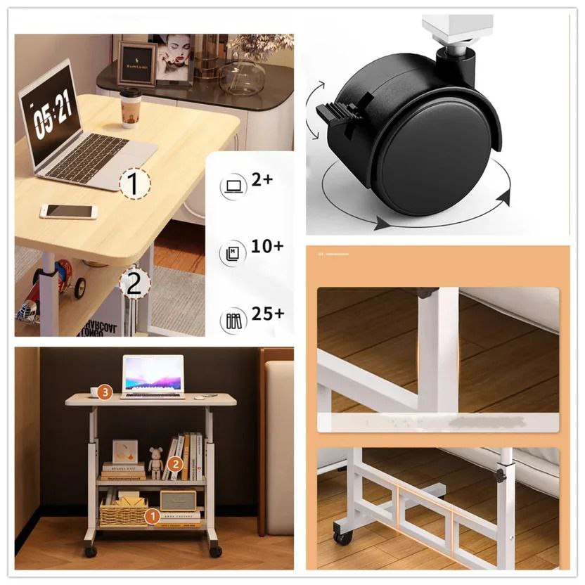 Table d’Ordinateur Mobile 3 Niveaux – Bureau Compact avec Roulettes pour Lit & Canapé